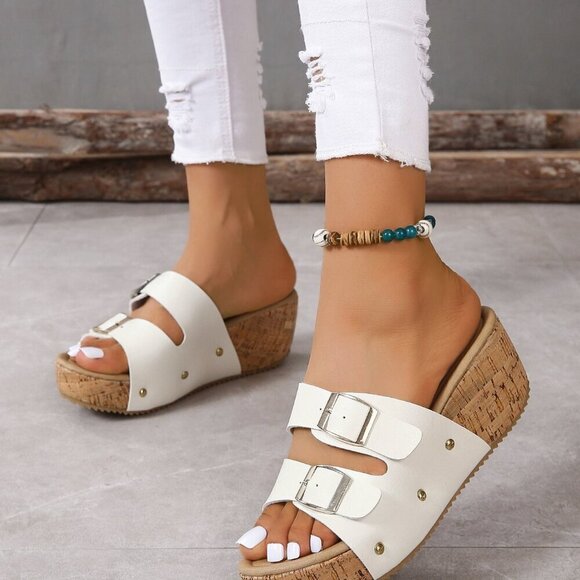 White Women's Casual Double Buckle Platform Wedge Sandals - Picture 2 of 5